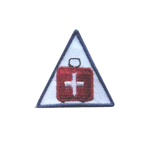 A triangle with a red suitcase with a white cross on it badge.