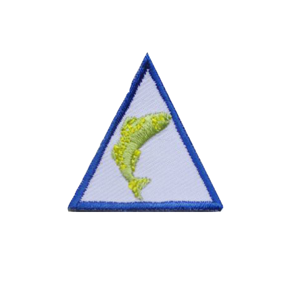 A white triangle with a yellow fish on it badge.