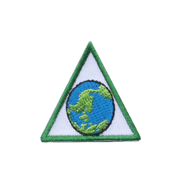A green and white triangle with a globe in the middle badge.