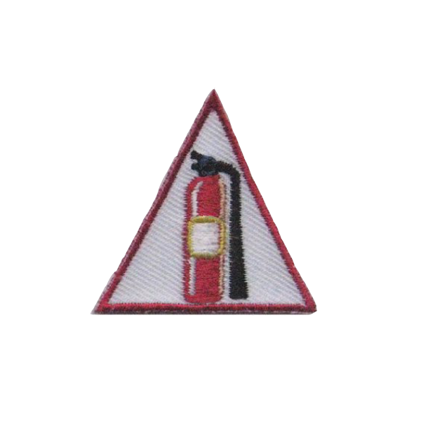 A red and white triangle with a fire extinguisher on it badge.