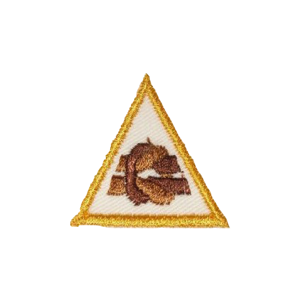 A brown and white triangle with a squirrel on it badge.