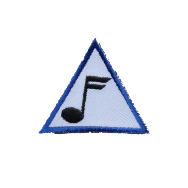 A blue and white triangle with a music note on it badge.