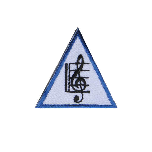 A blue and white triangle with a treble clef on it badge.
