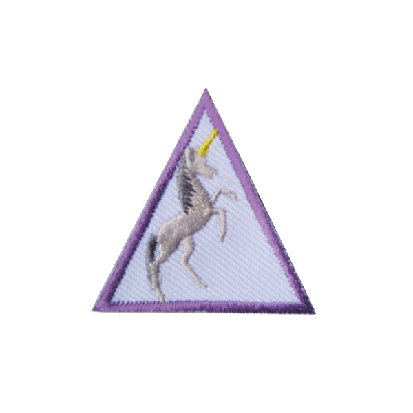 A purple triangle with a unicorn on it badge.