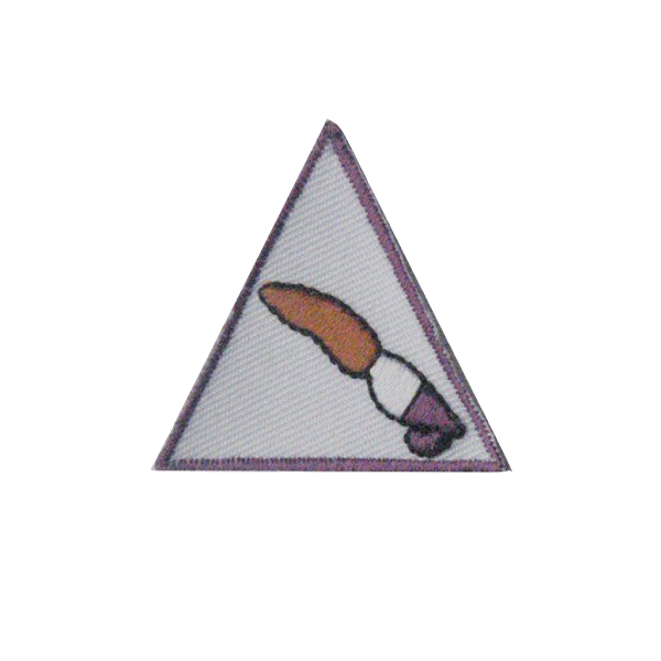 A white triangle with a brush on it badge.