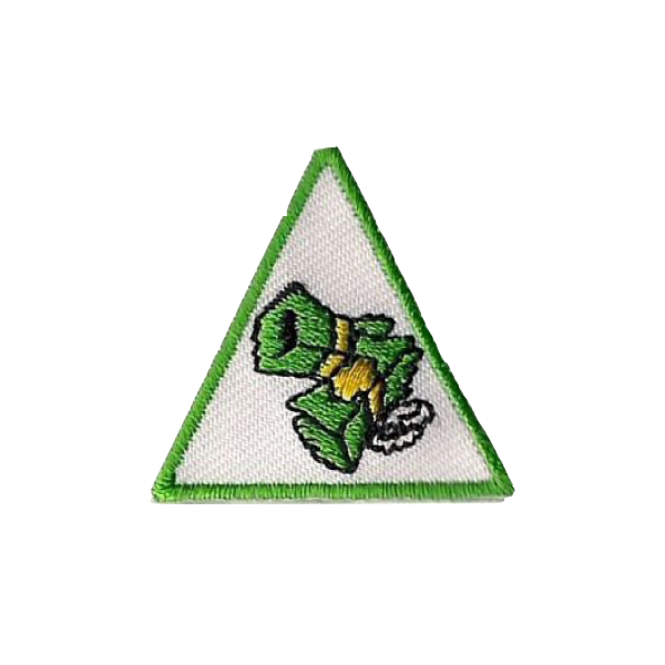 A green and white triangle with a frog on it badge.