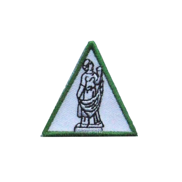 A green and white triangle with a statue on it badge.