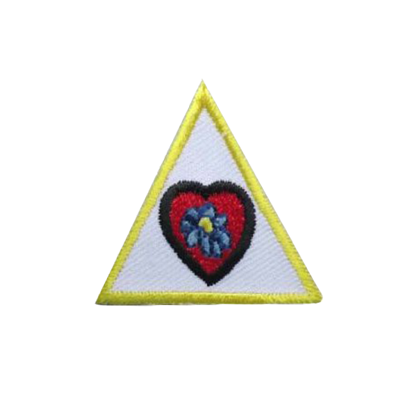 A triangle with a heart and a flower on it badge.