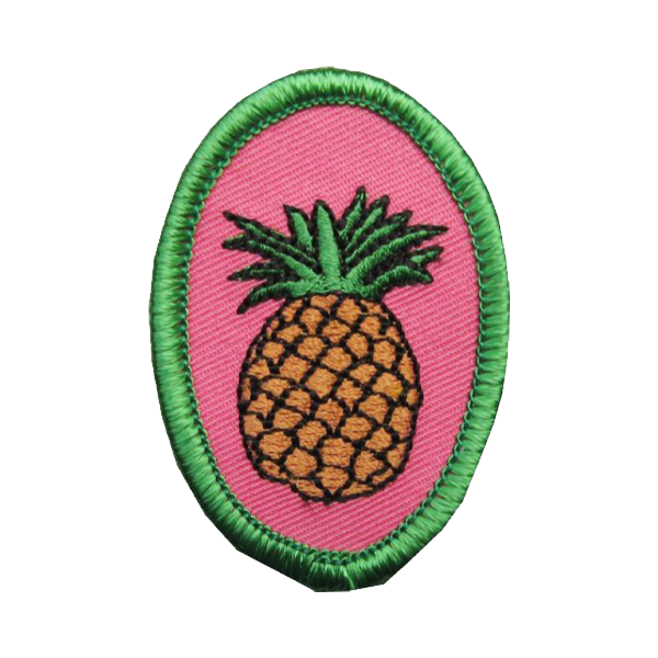 A pink and green patch with a pineapple on it badge.