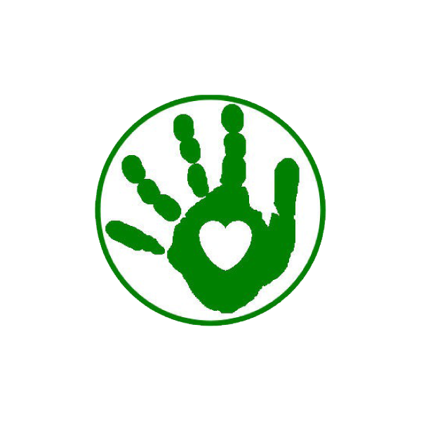 A green hand print with a heart in the middle award.