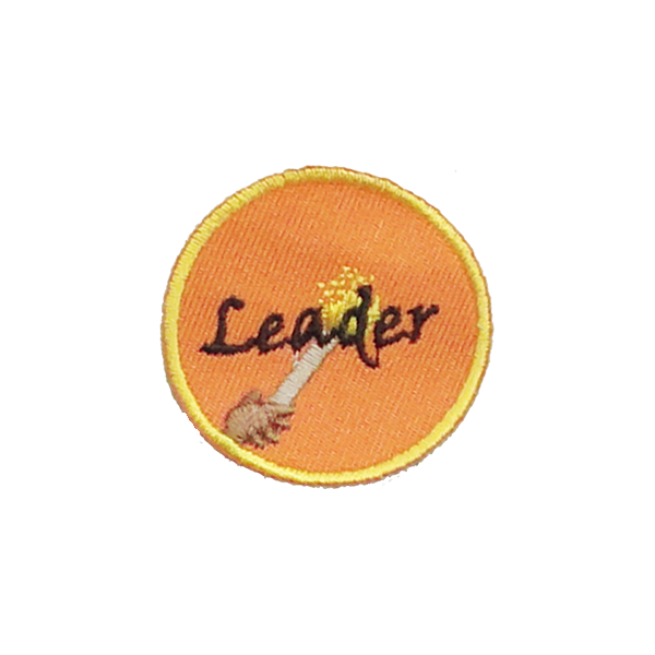 An orange circle with the word leader on it award.