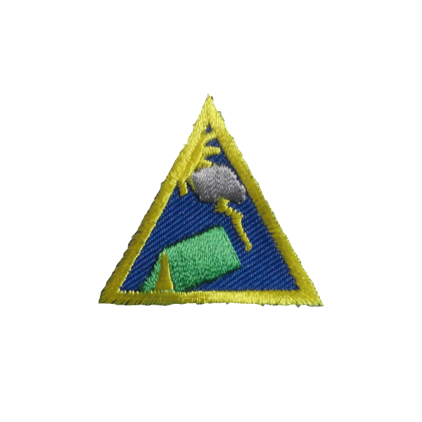 A blue and yellow triangle with a tent on it award.