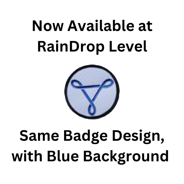 A picture of a badge that says `` now available at raindrop level same badge design , with blue background ''.