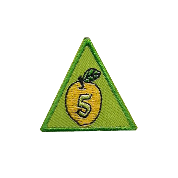 A green triangle with a yellow apple and the number 5 on it badge.
