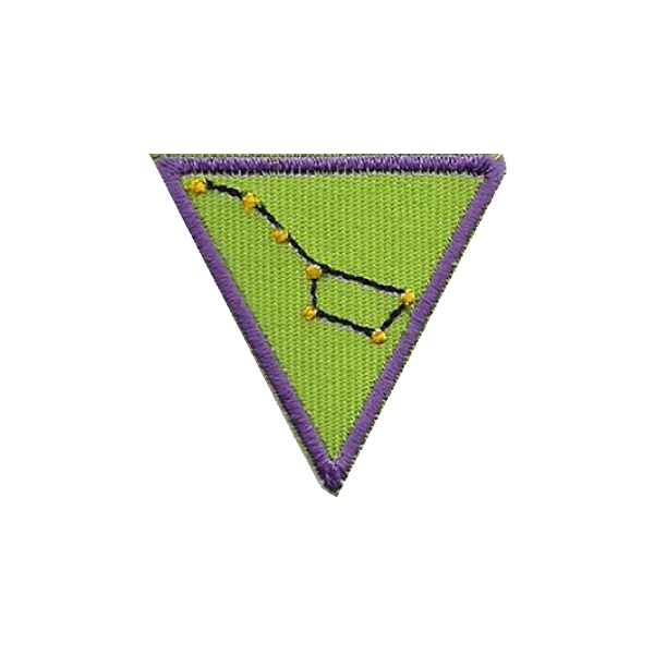 A green and purple triangle with a constellation on it badge.