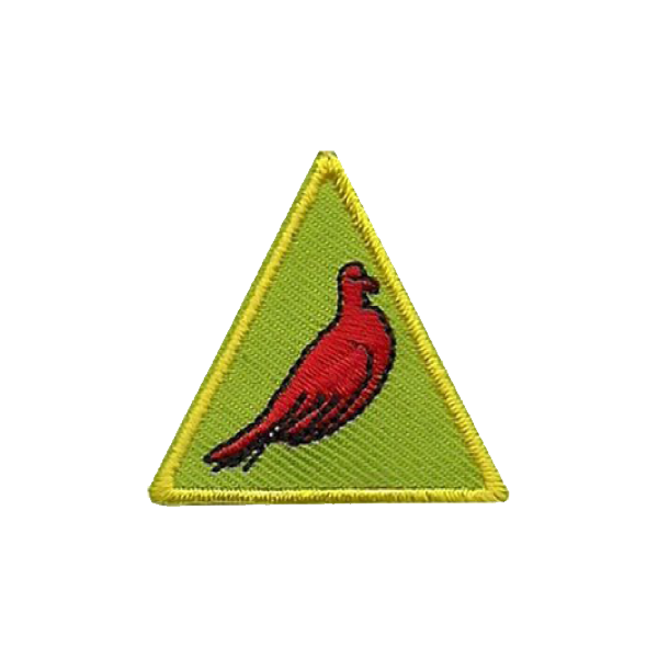 A green triangle with a red bird on it badge.