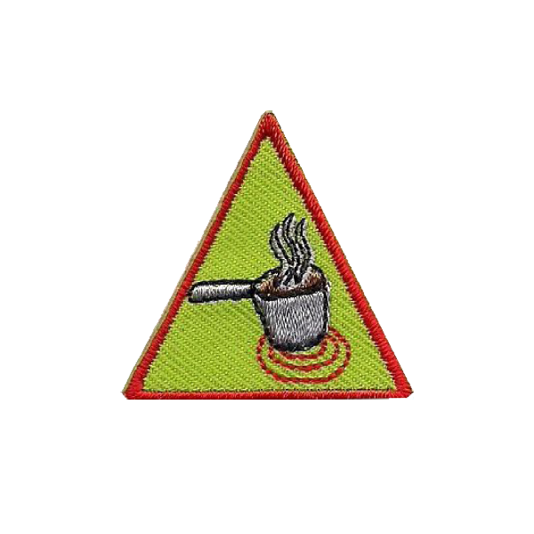A yellow triangle with a pot on top of it badge.