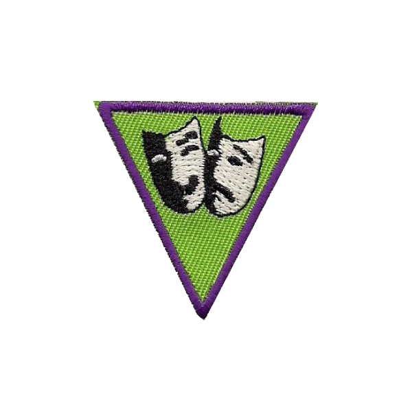 A green and purple triangle with two masks on it badge.