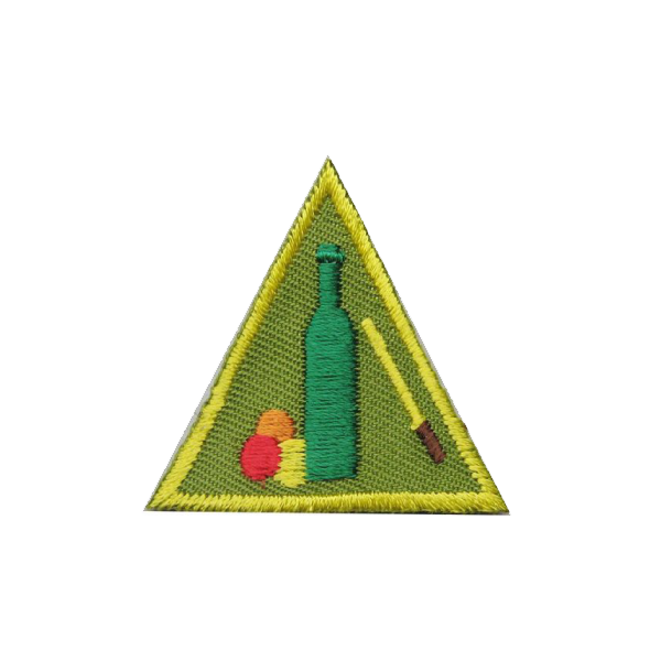 A green triangle with a green bottle and a yellow stick on it badge.