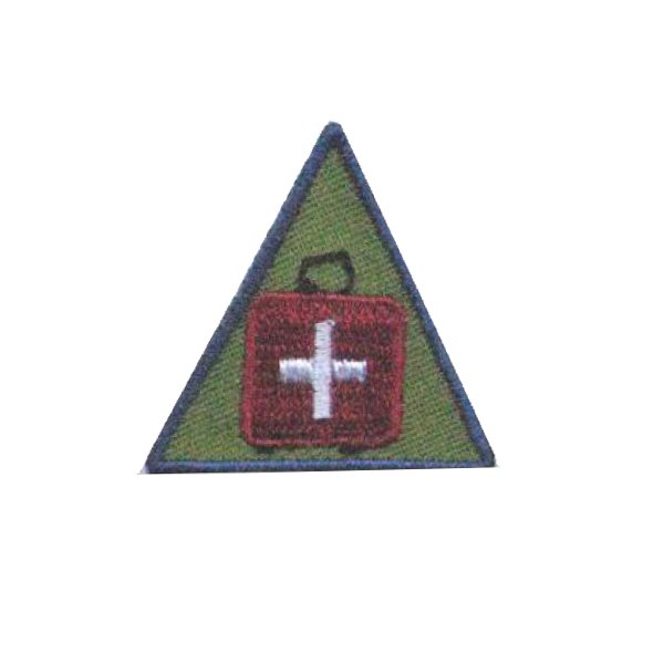 A green triangle with a red box with a white cross on it badge.