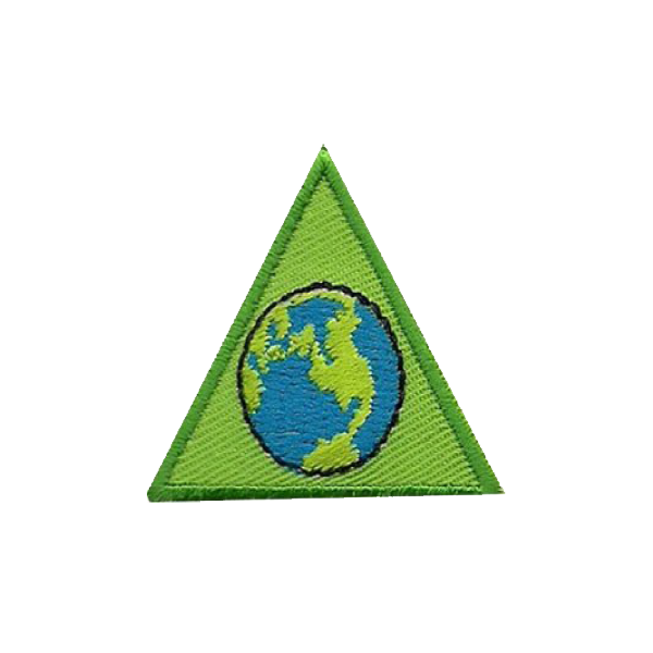 A green triangle with a globe inside of it badge.