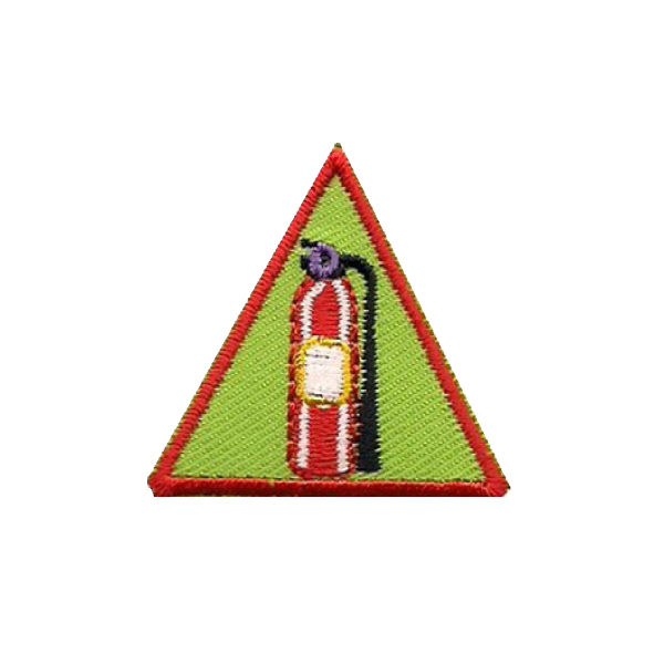 A green triangle with a red fire extinguisher on it badge.
