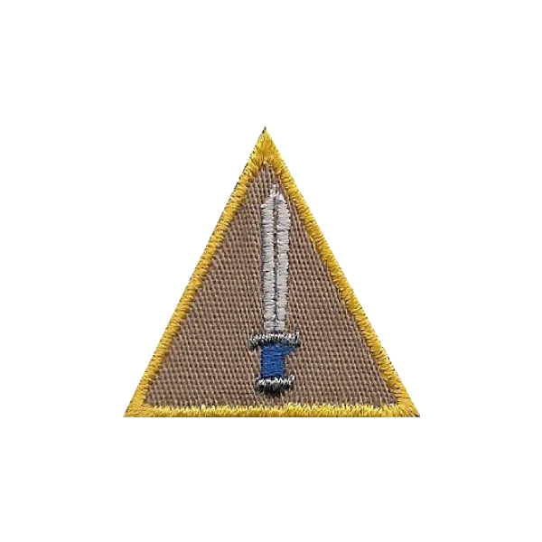 Triangle badge with a sword on it.