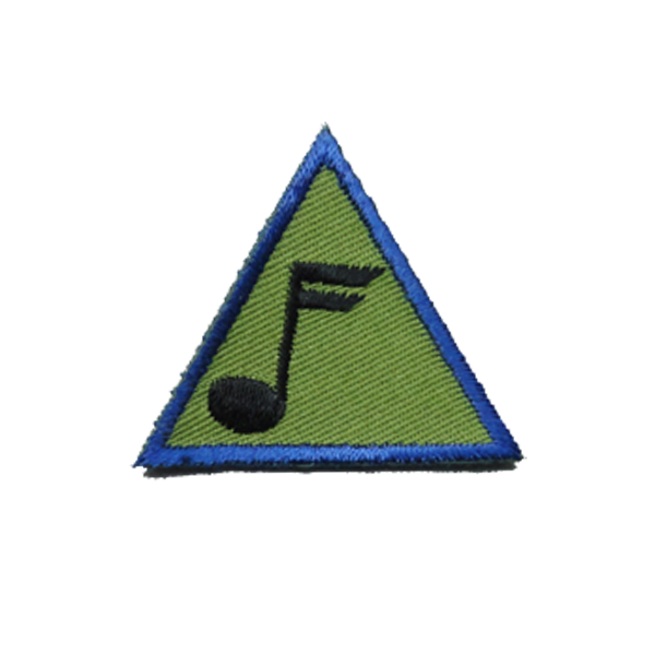 A green and blue triangle with a music note on it badge.