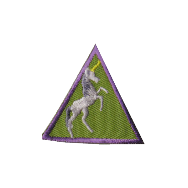 A purple triangle with a unicorn on it badge.