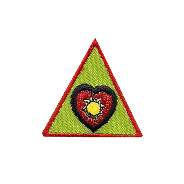 A green triangle with a heart and a sun inside of it badge.