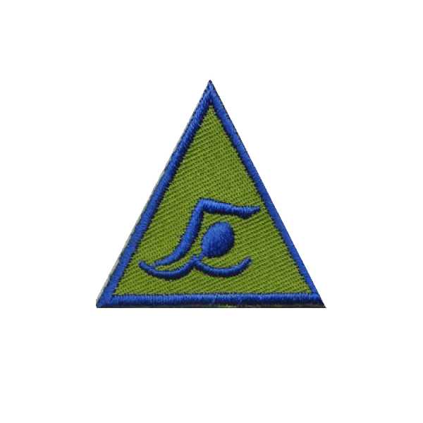 A green and blue triangle with a swimmer on it badge.