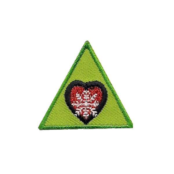 A green triangle with a heart and snowflakes on it badge.