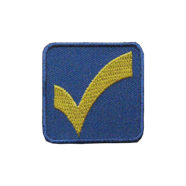 A blue square with a yellow check mark embroidered on it award.