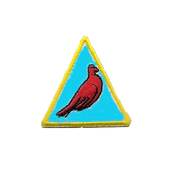A blue triangle with a red bird on it badge.