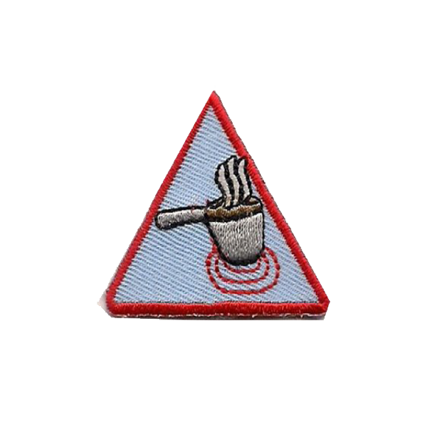 A triangle with a pot on it and steam coming out of it badge.