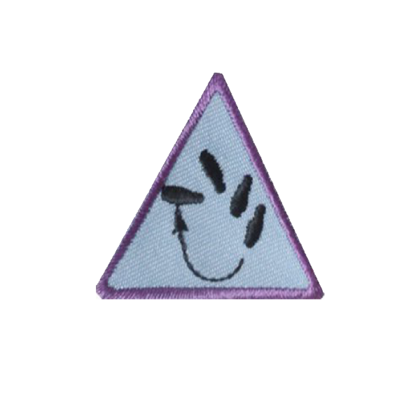 A purple triangle with a smiley face on it badge.
