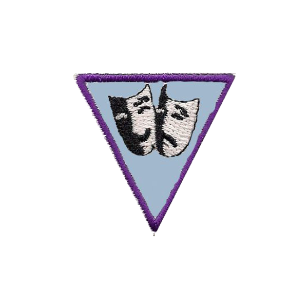 A purple triangle with two comedy masks on it badge.