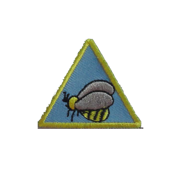 A blue and yellow triangle with a bee on it badge.