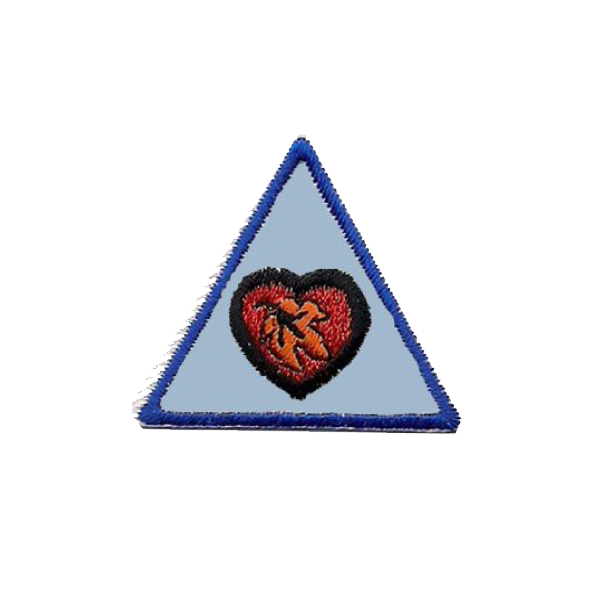 A blue triangle with a heart in the middle badge.