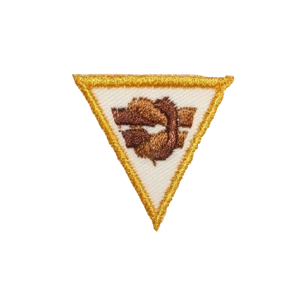 A brown and white triangle with a knot on it badge.