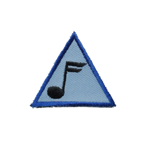 A blue triangle with a black music note on it badge.