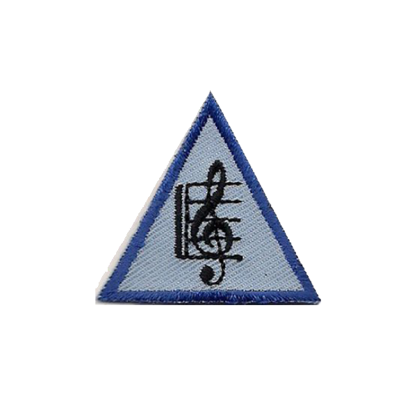 A blue triangle with a treble clef on it badge.