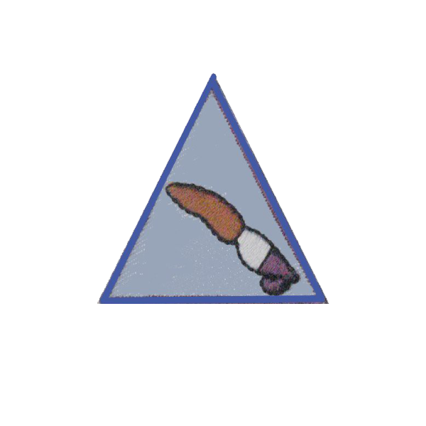 A blue triangle with a brush inside of it badge.