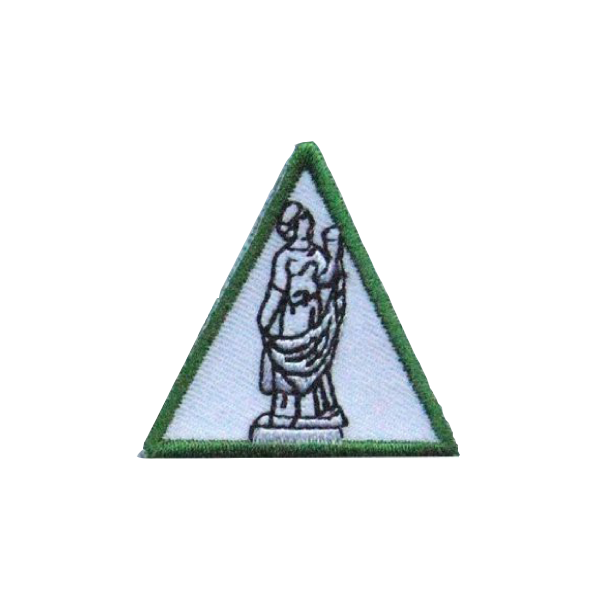 A green and white triangle with a statue on it badge.