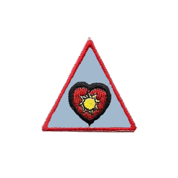 A triangle with a heart and a sun on it badge.