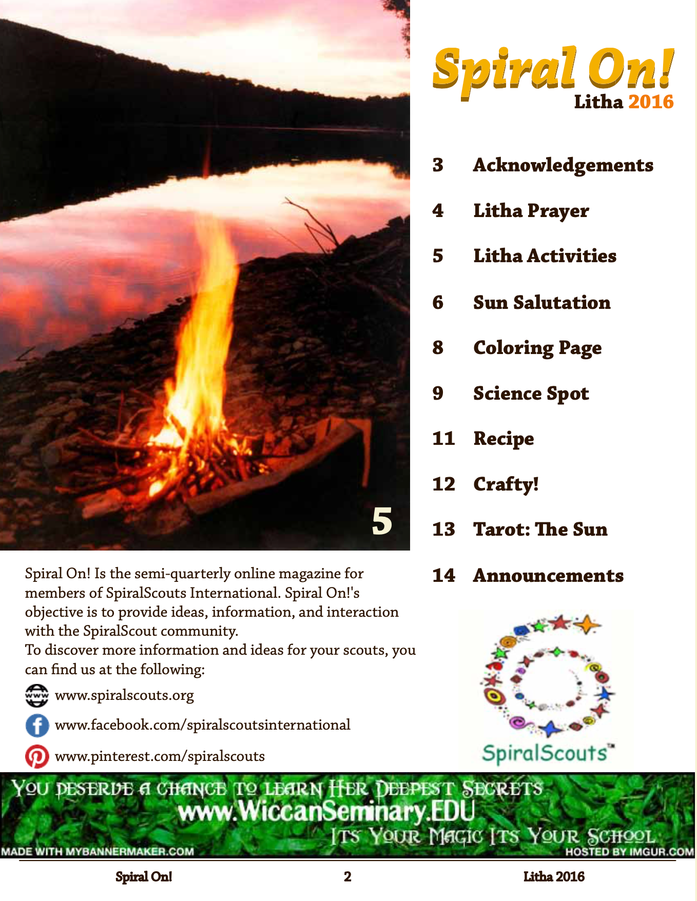 A spiral onl magazine with a picture of a fire on the cover, Litha 2016 magazine.