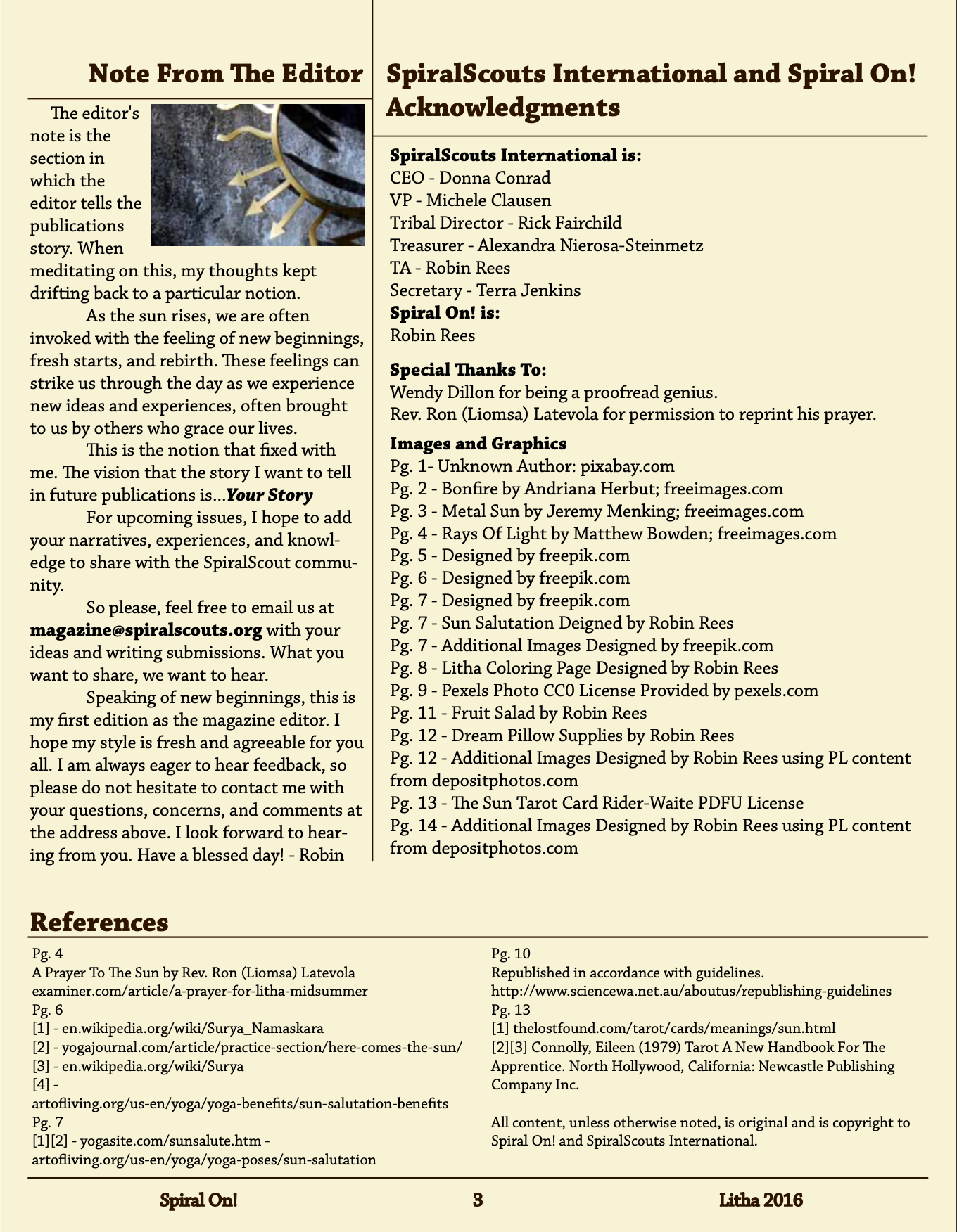 A page from magazine, notes from the editor from Litha 2016 magazine.