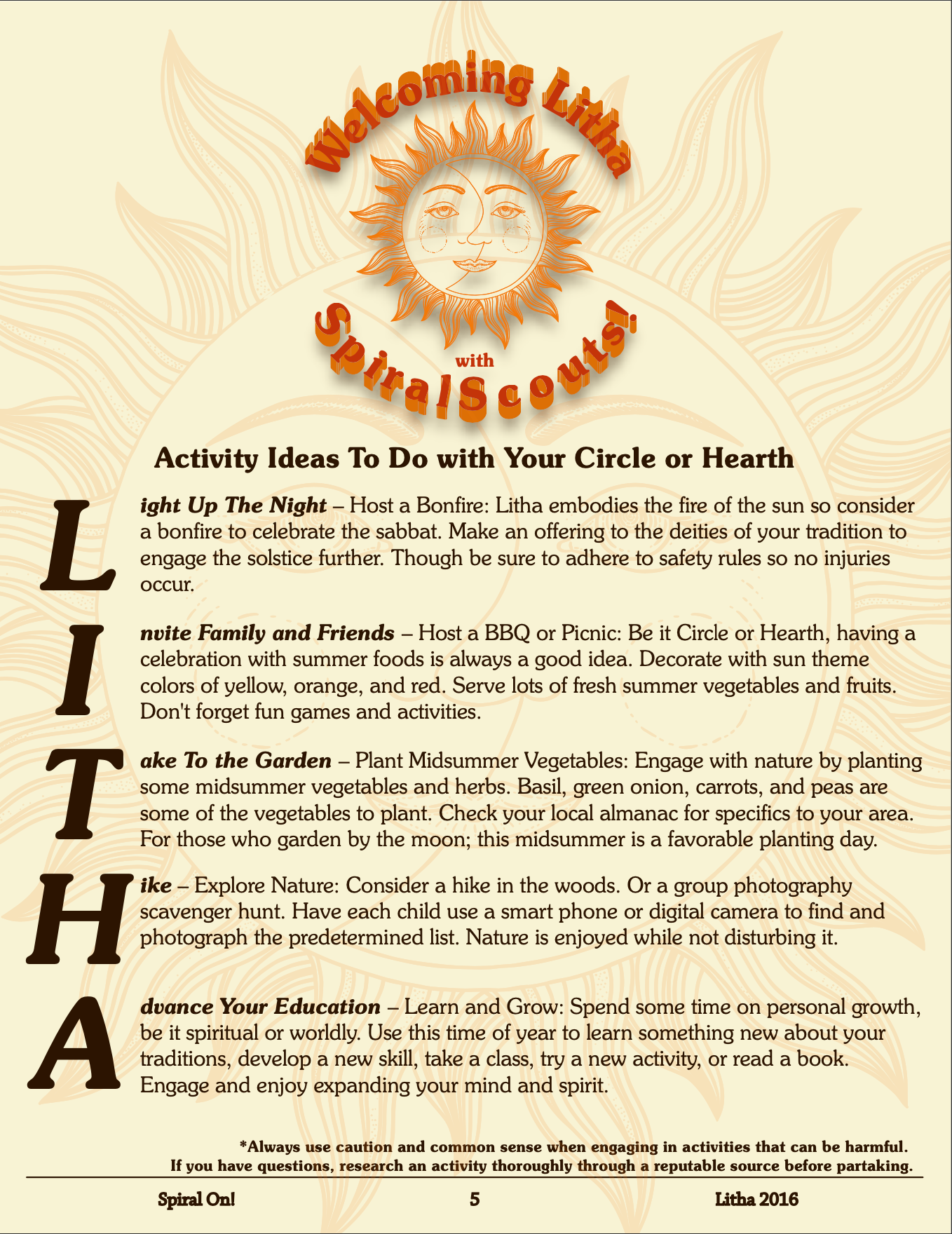 A page of a book titled activity ideas to do with your circle or heart, Litha 2016 magazine.