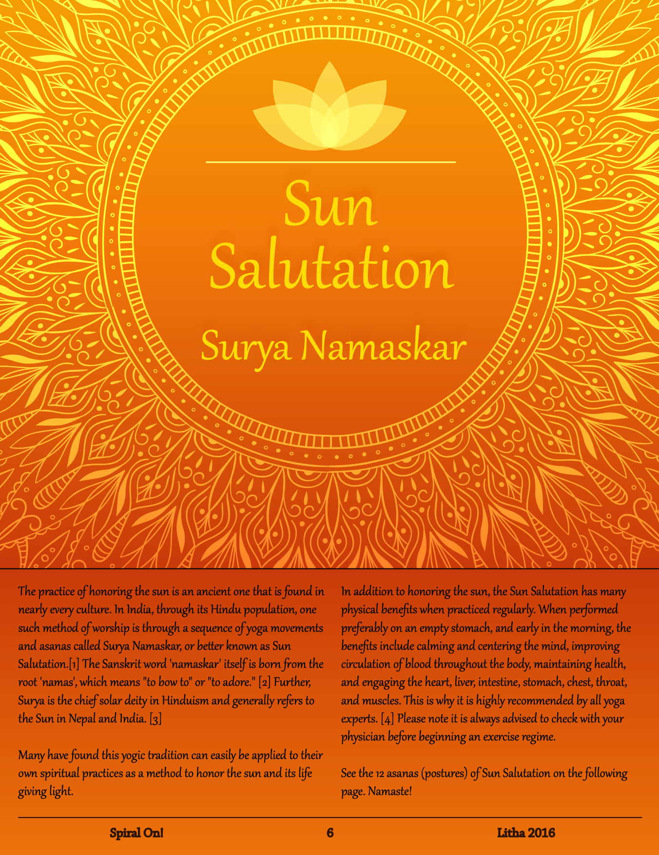 A poster with a lotus flower on it that says sun salutation surya namaskar, Litha 2016 magazine.