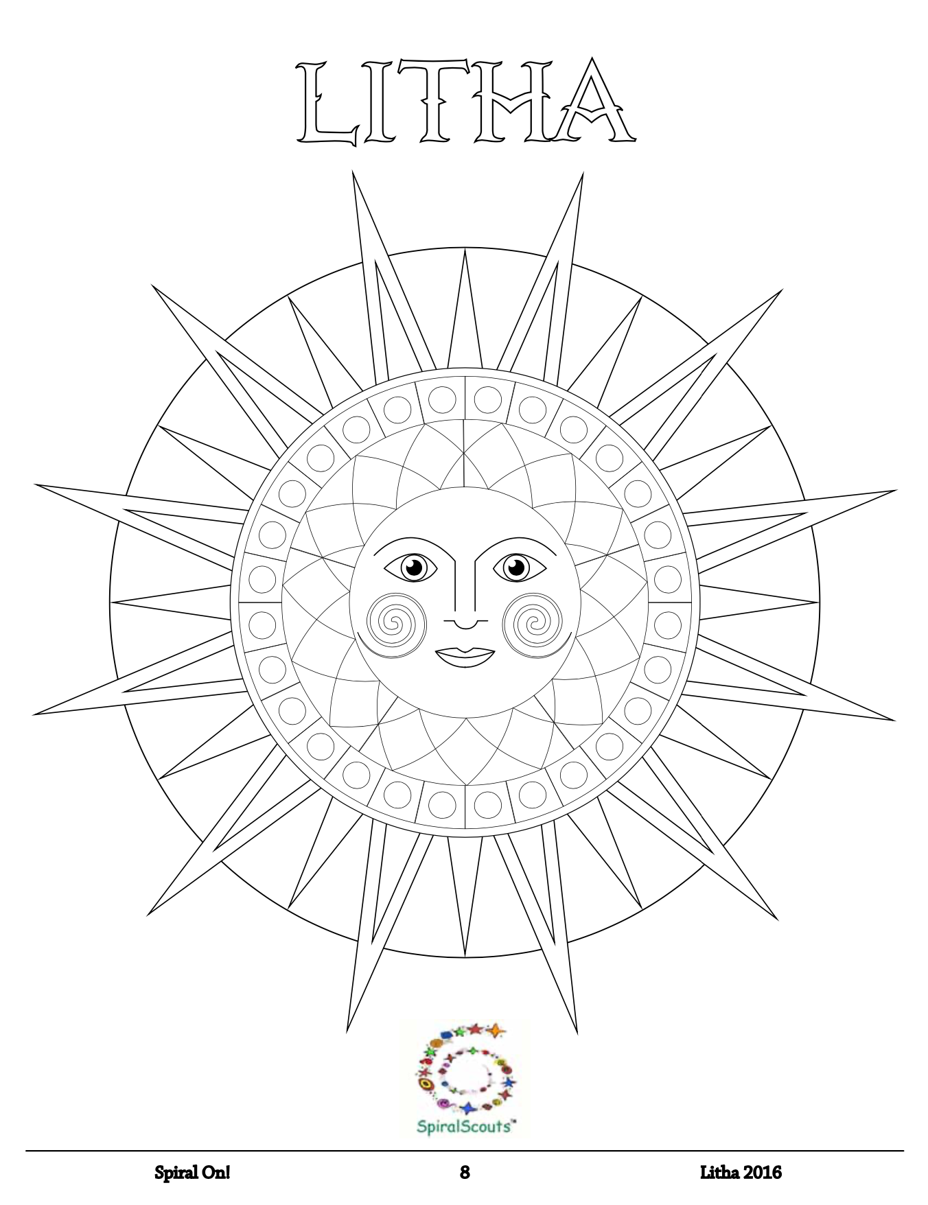 A coloring page of a sun with a face in a circle.